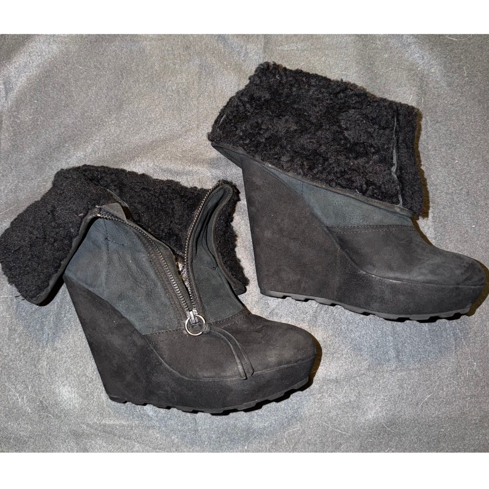 ASH Women's Black Suede Shearling Cuff Wedge Boots US 10/EU 41 Platform Zip Lug